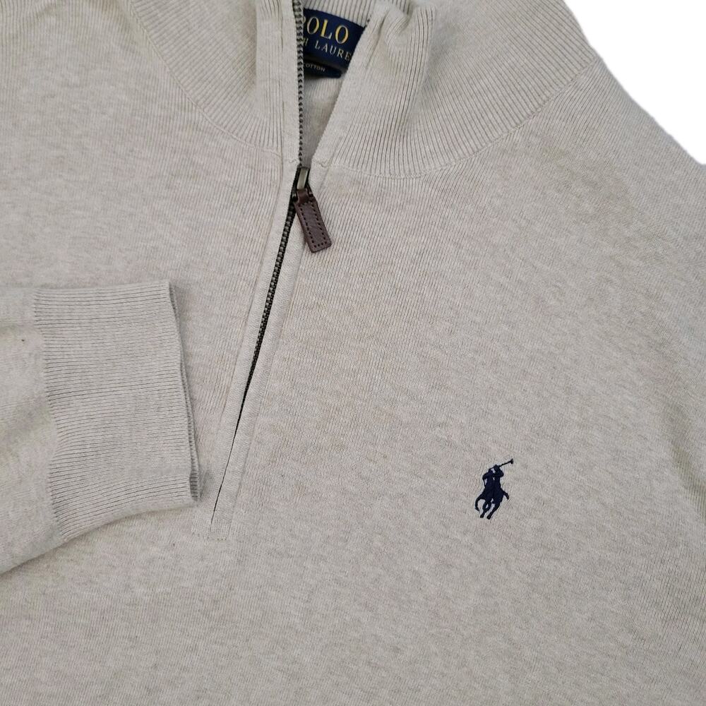Polo Ralph Lauren Sweater Men's XXL Beige 1/4 Zip Pullover Blue Pony Pima Cotton